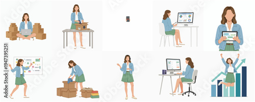 Flat Illustration Young Woman Entrepreneur Managing Small Business Operation