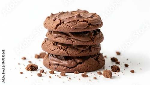 Stack of chocolate sandwich cookies with creamy white filling on a white surface with one cookie broken to show texture
