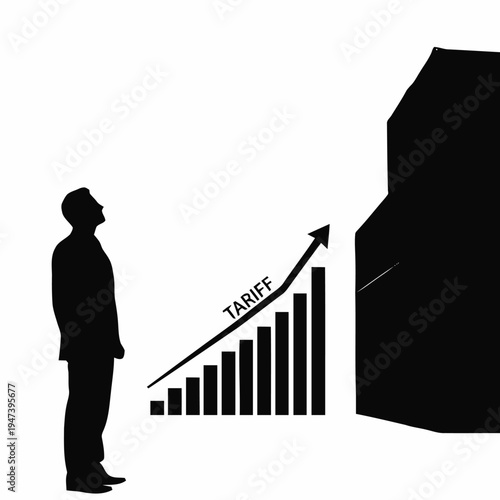 A businessman silhouette looks up at a rising tariff bar chart next to a large block representing market obstruction.