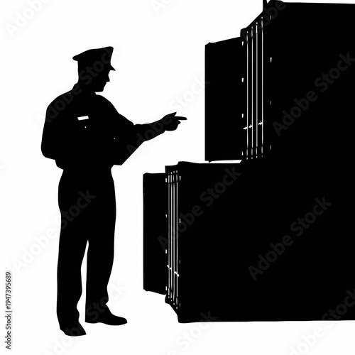 Officer silhouette points towards open panels of a large secure storage unit or shipping container bank.