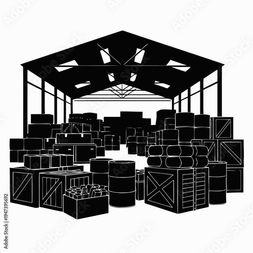 Warehouse interior displays numerous stacked boxes, crates, and barrels under a large industrial roof structure.