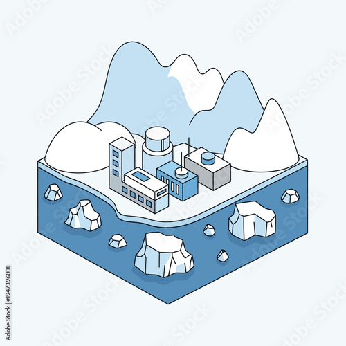 Isometric illustration of an industrial complex situated near a body of water with mountains.
