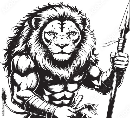 Muscular lion warrior with spear and armor standing strong