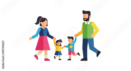 A harmonious and lively flat design illustration of a happy family walking, parents and children holding hands, symbolizing love and unity