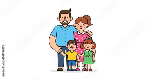 Joyful flat design illustration of a happy family unit, featuring parents and their two children smiling together, embodying love and togetherness
