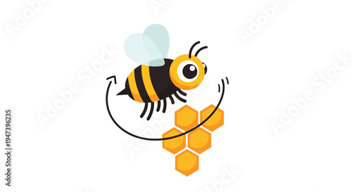 Playful honeybee character busy at work, energetically circling a golden honeycomb, capturing the essence of nature's sweetness and diligent activity