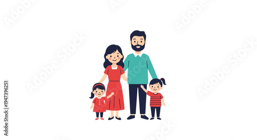 Joyful cartoon illustration of a happy nuclear family with loving parents and two daughters, symbolizing togetherness, warmth, and strong bonds