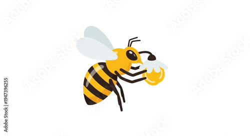 Cute bee character carrying a small honey pot with a happy expression