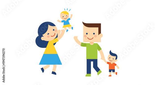 Happy cartoon family with two children enjoying playtime together outdoors