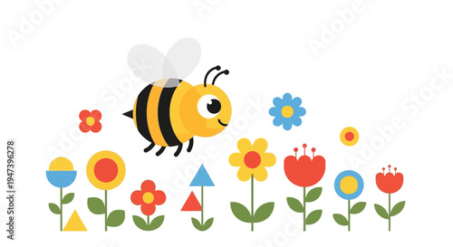 A cheerful cartoon bee flying over a colorful garden of abstract flowers and shapes on a white background