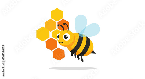 Cute bee flying near a honeycomb, a symbol of nature and hard work