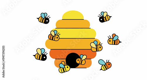 A vibrant illustration depicting an active beehive surrounded by cheerful buzzing honey bees, symbolizing nature's busy work and community