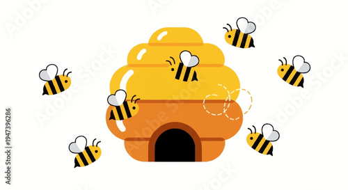 Vector illustration of a beehive with bees flying around it symbolizing nature and its busy life