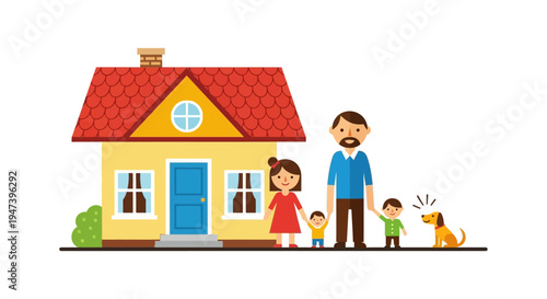 Happy cartoon family with children and a dog standing proudly in front of their cozy home, symbolizing love, security, and togetherness