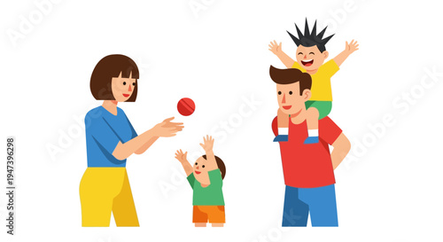 Joyful family moments Parents playing with happy children, creating cherished memories and fostering loving bonds in a vibrant illustration