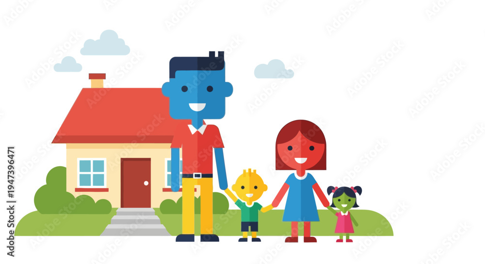Naklejka premium Cheerful flat design family, parents and children, standing in front of their house, representing happiness, home ownership, and a secure future