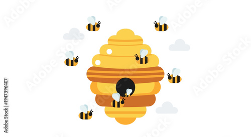 Vibrant cartoon illustration of a busy beehive surrounded by flying worker bees, symbolizing nature's sweet bounty and industrious activity
