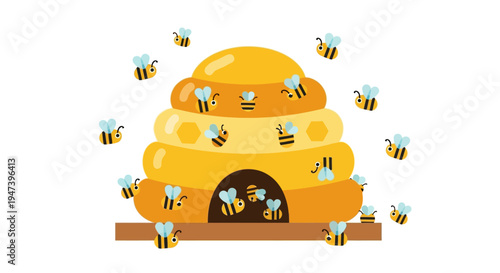 A whimsical beehive teeming with busy bees under a bright, sunny sky, an illustration perfect for nature and apiary themes