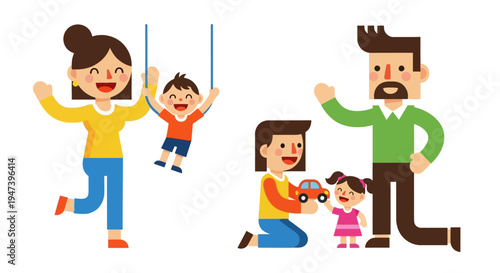 Cheerful parents engage in playful activities with their young children, fostering a loving and joyful family environment through fun interactions that build strong bonds and lasting memories