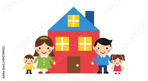 Happy Family in Front of a Red House, Representing Home and Togetherness