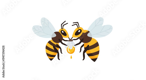 Two cartoon bees diligently sharing a golden drop of natural honey, symbolizing teamwork, sweet reward, and the industrious process of nectar production