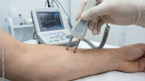 Doctor conducting an electromyography nerve conduction test on a patients arm in a clinic.