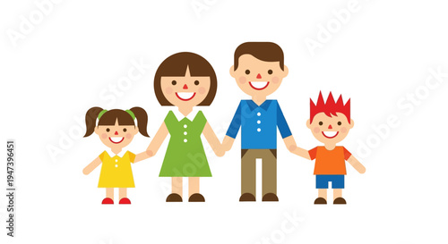 Cheerful flat design illustration of a loving family unit, parents and two children, standing together in happiness, symbolizing joy and connection