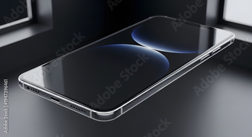 Sleek Smartphone Design: A cutting-edge smartphone design showcases modern technology, boasting a captivating black screen and a metallic frame, elegantly presented against a dark.