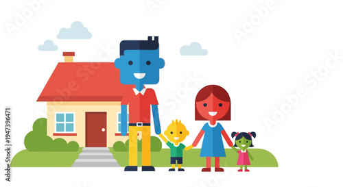 Cheerful flat design family, parents and children, standing in front of their house, representing happiness, home ownership, and a secure future