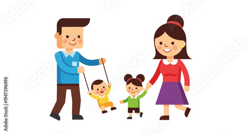 Delightful cartoon illustration of a joyful family, featuring parents spending quality time and playing with their two small children, isolated on white