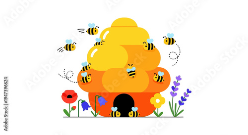 Whisk bee hive with bees and flowers illustration, symbolizing nature's bounty and the sweet rewards of hard work and community in a vibrant, buzzing scene