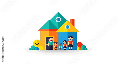 Happy Family Standing In Front of a Colorful Cartoon House Illustration