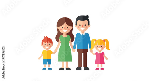 Happy nuclear family illustration with parents and two children standing together, representing love, unity, and generational bonds