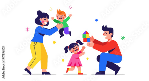 Cheerful family enjoying playtime parents and children laughing, building blocks, and having fun together, symbolizing happy childhood and loving parenthood