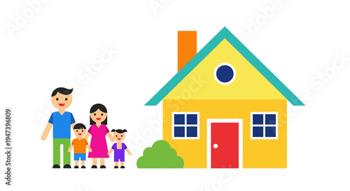 Happy cartoon family standing in front of their colorful home, illustration of a wholesome family lifestyle and property