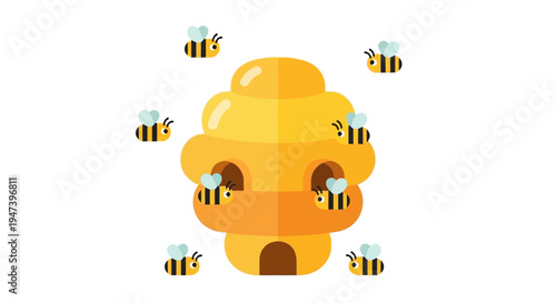 Lively Cartoon Illustration of Buzzing Bees Around a Golden Beehive, Representing Natural Harmony and the Industrious World of Honey Production