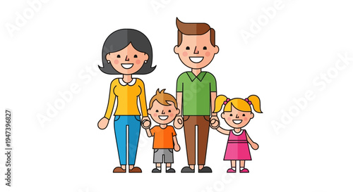Happy cartoon family of four smiling and holding hands, representing love and togetherness