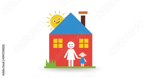 A heartwarming illustration of a happy family and home under the bright sun, symbolizing safety, care, and togetherness for children