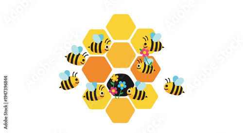 A delightful scene of cheerful honeybees industriously navigating a bright honeycomb, bringing colorful flowers to their bustling hive with vibrant energy