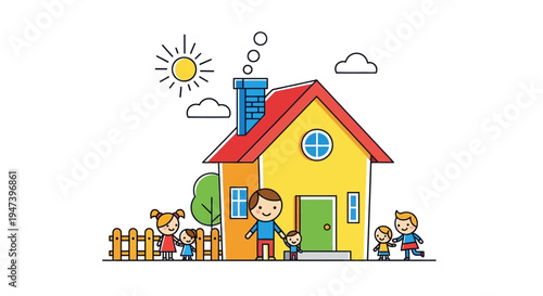 Cheerful illustration depicting a happy family with children standing in front of their colorful dream home under a bright sun, symbolizing domestic warmth and security