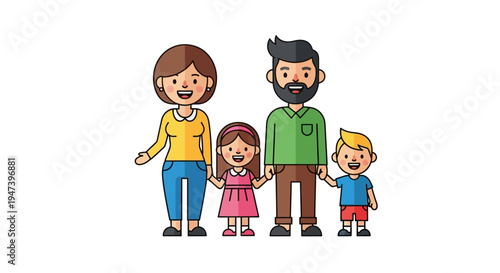 Happy family portrait illustration featuring parents and two children holding hands together