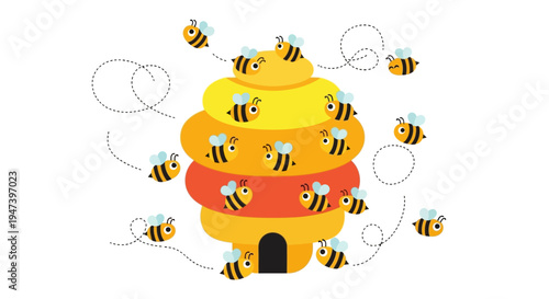 Vibrant cartoon illustration depicting a bustling beehive with numerous cheerful worker bees actively flying, symbolizing nature's sweet bounty and industrious community