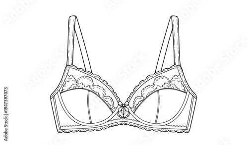 Women lace bra lingerie technical fashion illustration featuring elegant feminine underwear design with delicate lace details and modern intimate apparel style