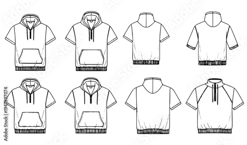 Hoodie short sleeve sweatshirt technical fashion illustration set showing front and back views with hood, pocket and drawstring design