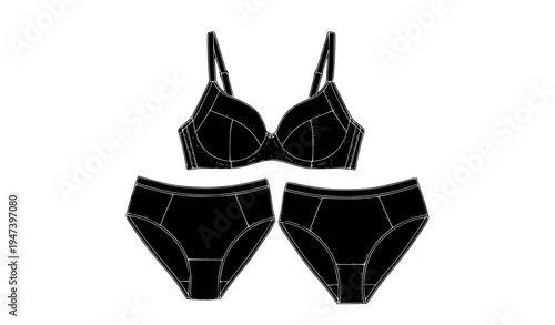 Women lingerie bra and panties black silhouette set featuring modern feminine underwear design and intimate apparel fashion illustration