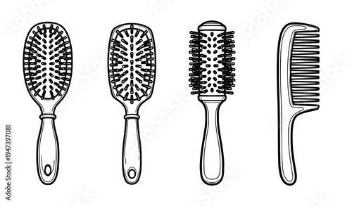 Hairbrush and comb styling tools set including paddle brushes, round brush and detangling comb for professional hairdressing and grooming