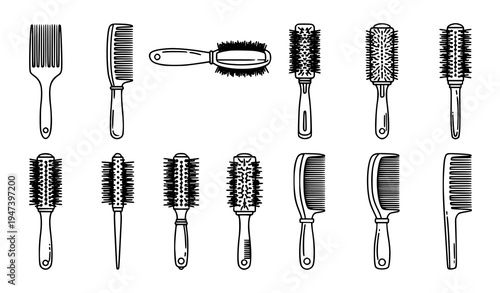 Hairbrush and comb styling tools set including round brushes, paddle brushes and detangling combs for professional hairdressing and beauty salon equipment
