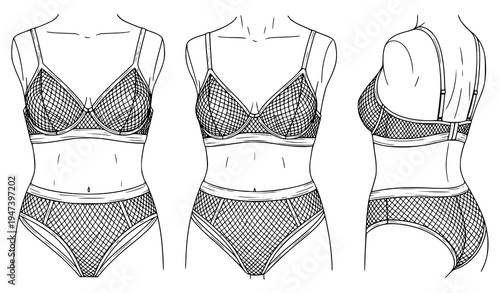Women lingerie bra and panties set on female body template showing front and side views, modern intimate apparel fashion illustration