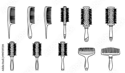 Hairbrush and comb styling tools collection featuring round brushes, paddle brushes and detangling combs for professional hairdressing and salon grooming