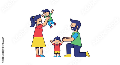 Happy Family With Two Children Playing Together Outdoors Illustration